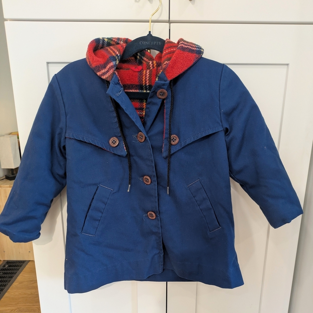 Vintage Blue Toddler Fall Jacket With Plaid Accents